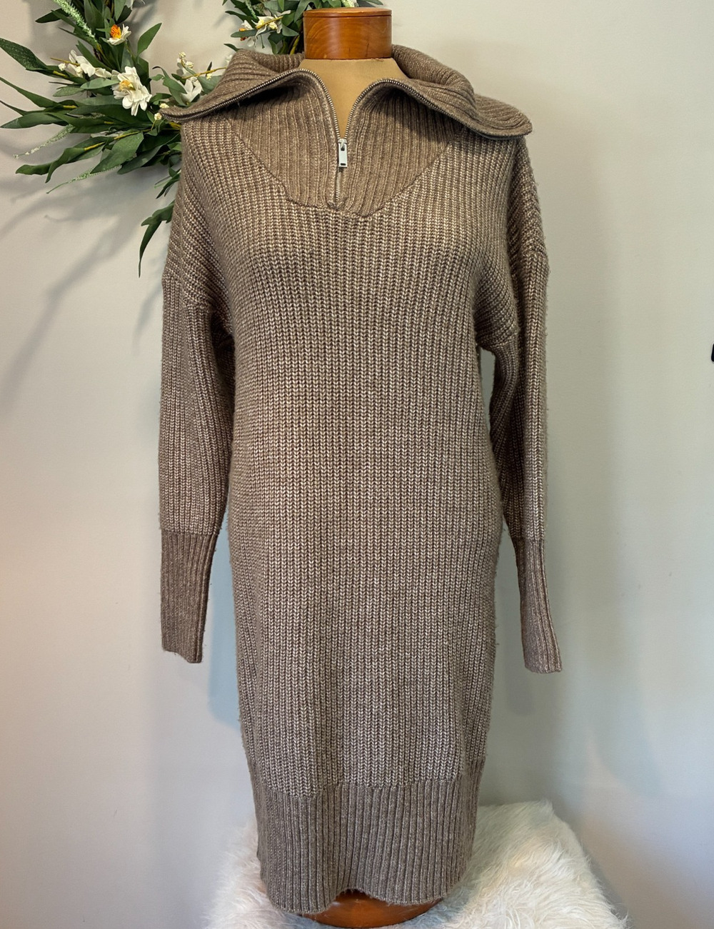 Cupcakes & Cashmere Sweater Dress Tan Nut Heather Ribbed Zip Collar, Medium
